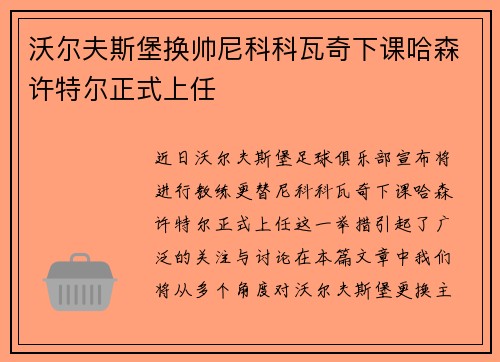 沃尔夫斯堡换帅尼科科瓦奇下课哈森许特尔正式上任